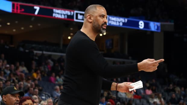 Rockets head coach Ime Udoka gives direction during the first half against the Memphis Grizzlies at FedExForum.